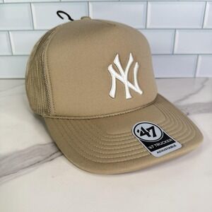 New York Yankees Hat Cap Snap Back Mens One Size Tan 47 Baseball Trucker Mesh